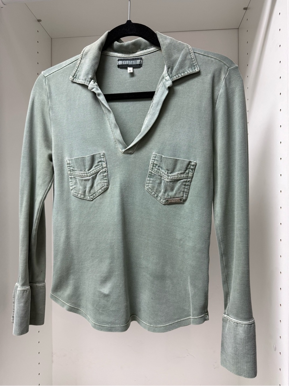 Women's Sage Green Long-Sleeve Polo Shirt with Chest Pockets